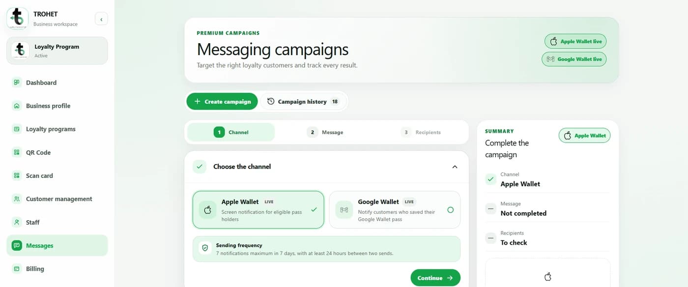 Tableau de bord TROHET — page Messages : campagnes push Apple Wallet et Google Wallet